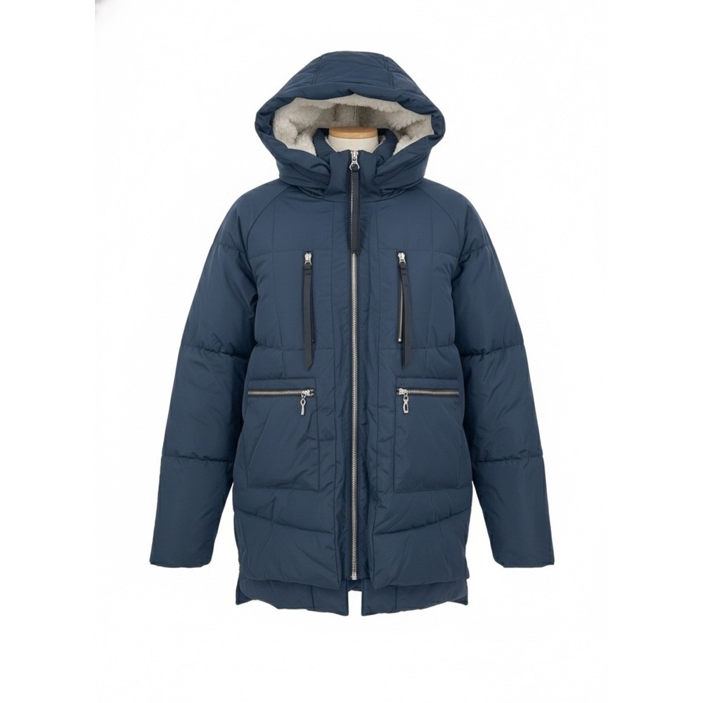 NWT OROLAY Down Puffer Coat Navy Blue‎ 2XL Hooded Zip Front Sherpa Lined Pockets